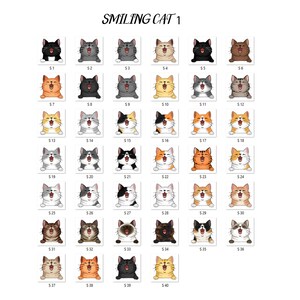 May include: A digital illustration of 40 smiling cats in various colors and patterns. The cats are arranged in a grid of 6 rows and 7 columns. Each cat is depicted with a wide, open mouth and closed eyes, giving the impression of a happy, playful expression. The cats are all facing forward, with their heads tilted slightly upwards. The background is a white, plain surface.