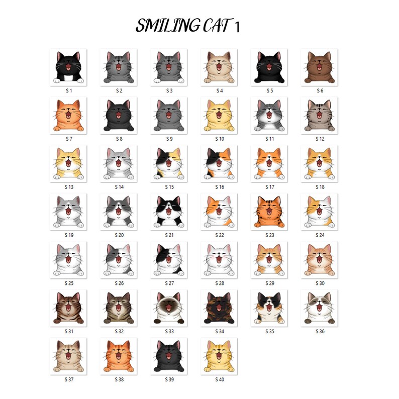 May include: A digital illustration of 40 smiling cats in various colors and patterns. The cats are arranged in a grid of 6 rows and 7 columns. Each cat is depicted with a wide, open mouth and closed eyes, giving the impression of a happy, playful expression. The cats are all facing forward, with their heads tilted slightly upwards. The background is a white, plain surface.