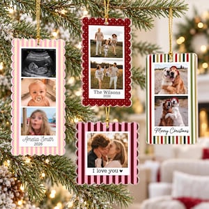May include: Four rectangular and square hanging ornaments with scalloped edges, featuring personalized photo collages and text. Designs include a pink striped border with Amelia Smith 2026, a red dotted border with The Wilsons 2026, a red striped border with I love you, and a red and green striped border with Merry Christmas.