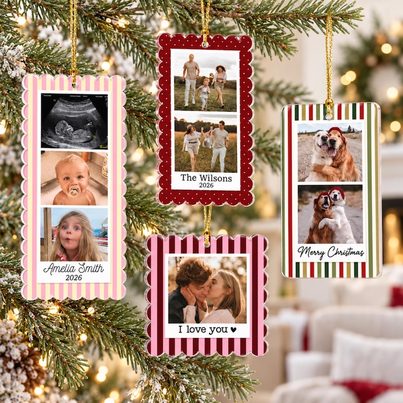 May include: Four rectangular and square hanging ornaments with scalloped edges, featuring personalized photo collages and text. Designs include a pink striped border with Amelia Smith 2026, a red dotted border with The Wilsons 2026, a red striped border with I love you, and a red and green striped border with Merry Christmas.