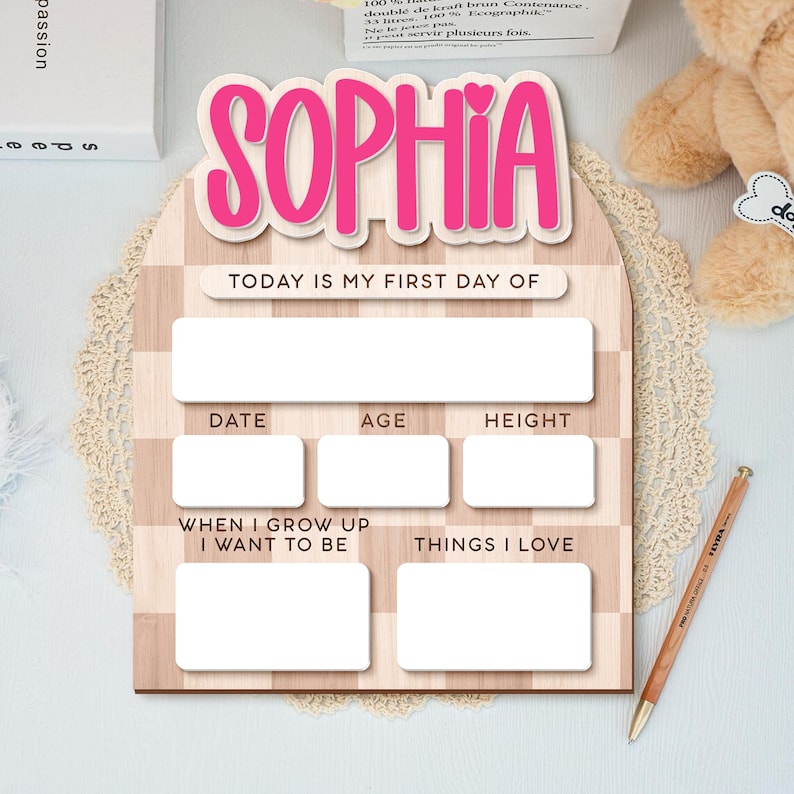 Op de afbeelding: Een houten bord met de naam "SOPHIA" in roze letters. Het bord heeft vakken om informatie over de eerste dag van een kind vast te leggen, waaronder datum, leeftijd en lengte. Het bevat ook vakken voor "Als ik groot ben wil ik zijn" en "Dingen die ik leuk vind".