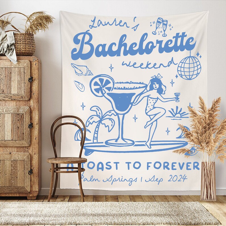 Bachelorette Party Decor, Coastal Bachelorette Weekend Backdrop, A Toast To Forever Bachelorette Party Banner, Beach Bachelorette Tapestry image 2