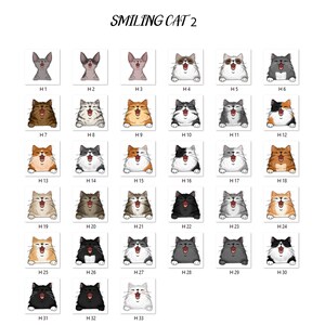 May include: A digital illustration of 33 smiling cats in various colors and patterns. The cats are all in a grid format and are labeled with numbers from H1 to H33.