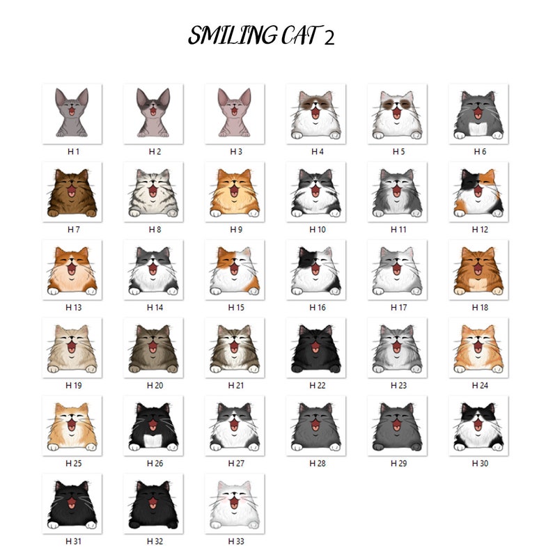 May include: A digital illustration of 33 smiling cats in various colors and patterns. The cats are all in a grid format and are labeled with numbers from H1 to H33.