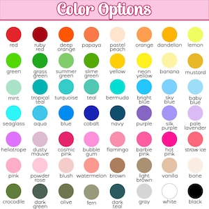 Op de afbeelding: Een kleurenkaart met een roze koptekst met de tekst "Kleuropties". De kaart toont een raster van kleurstalen, elk gelabeld met een kleurnaam. Kleuren vari&euml;ren van rood tot zwart, inclusief tinten roze, blauw en groen.