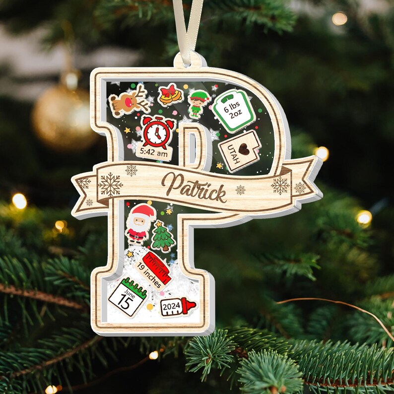Personalized Alphabet Kids Name Ornament, Custom Baby Stats Christmas