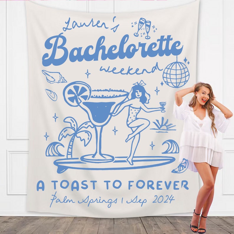 Bachelorette Party Decor, Coastal Bachelorette Weekend Backdrop, A Toast To Forever Bachelorette Party Banner, Beach Bachelorette Tapestry image 8