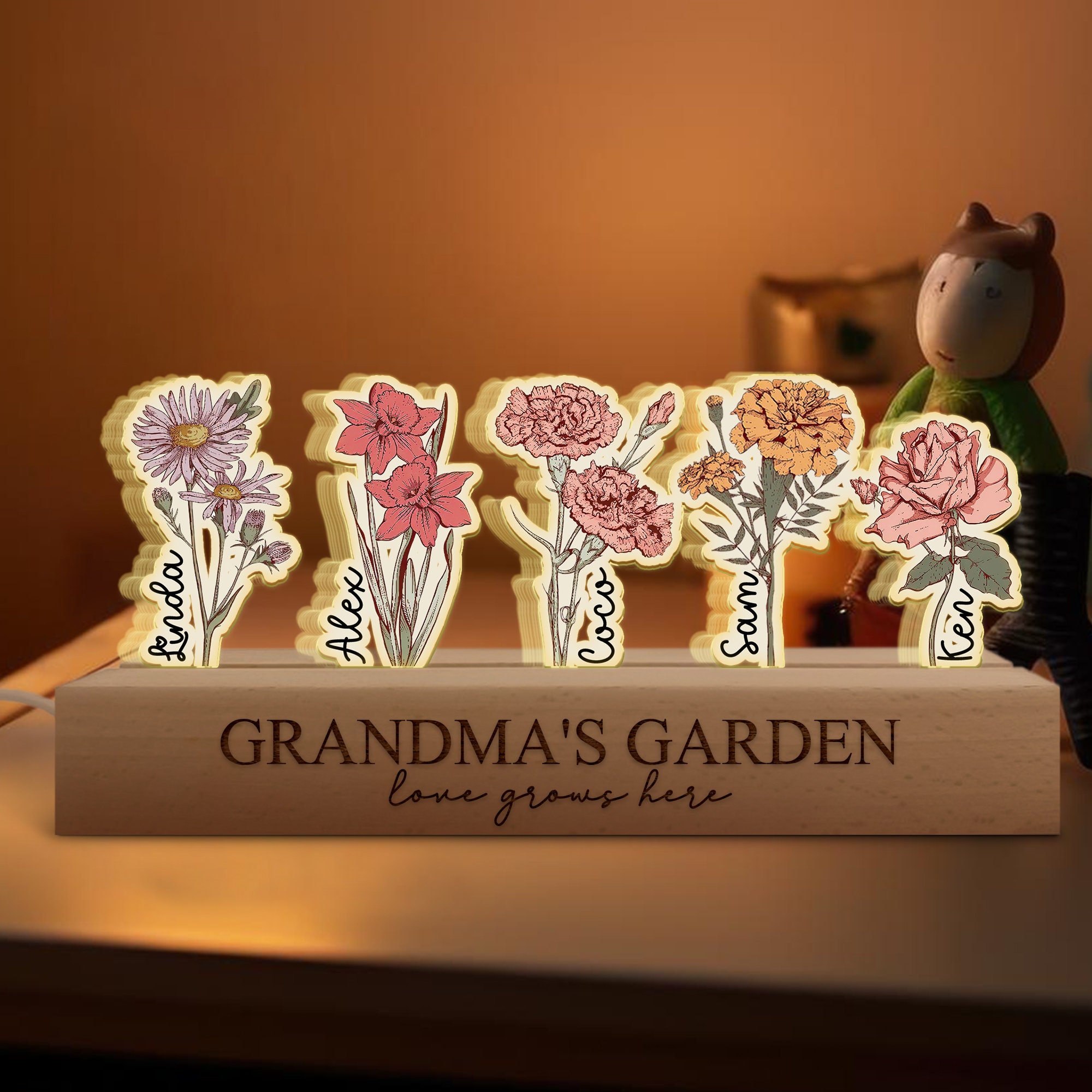 Mothers Day Gifts For Grandma, Customized Birthday Flower 3D LED Light, Grandma Garden With Kids Name Gifts, Gift From Grandkids, Nana Gifts