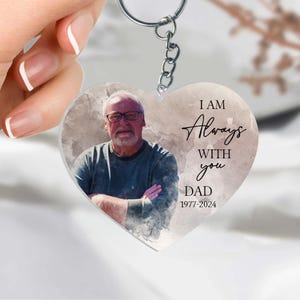 May include: A heart-shaped keychain with a photo of a man and the text "I am Always With You Dad 1977-2024".
