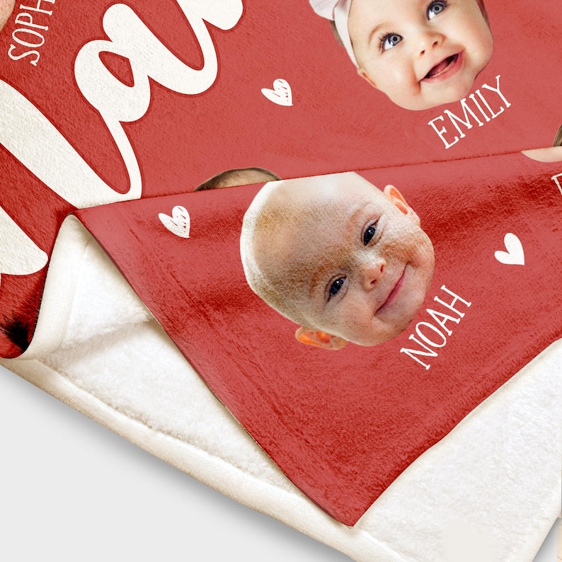 May include: Red fleece blanket with the word "Love" in white cursive lettering. Three baby faces are featured with their names: "Sophia", "Emily", and "Noah".