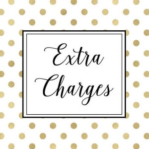 May include: White background with gold polka dots and a black framed sign that says "Extra Charges".