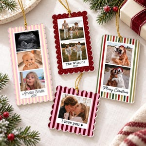 May include: Four rectangular and square hanging ornaments with scalloped edges, featuring personalized photo collages and text including Amelia Smith 2026, The Wilsons 2026, Merry Christmas, and I love you, suspended by gold metallic strings.