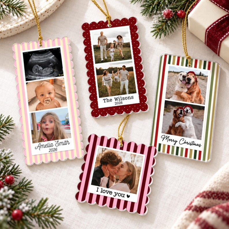 May include: Four rectangular and square hanging ornaments with scalloped edges, featuring personalized photo collages and text including Amelia Smith 2026, The Wilsons 2026, Merry Christmas, and I love you, suspended by gold metallic strings.