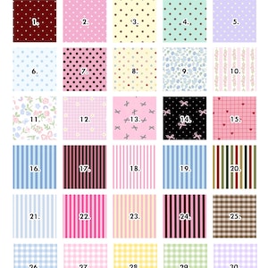 May include: A grid of thirty numbered fabric pattern swatches labeled STYLE OPTIONS. The collection includes polka dots, floral prints, stripes, gingham checks, and patterns featuring small bows and hearts in various colors like pink, blue, yellow, and brown.