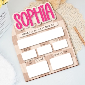 Op de afbeelding: Een houten bord met de naam "SOPHIA" in roze, boven de tekst "TODAY IS MY LAST DAY OF". Het bord heeft vakken voor "DATE", "AGE", "HEIGHT", "WHEN I GROW UP I WANT TO BE" en "THINGS I LOVE". De achtergrond heeft een dambordpatroon.