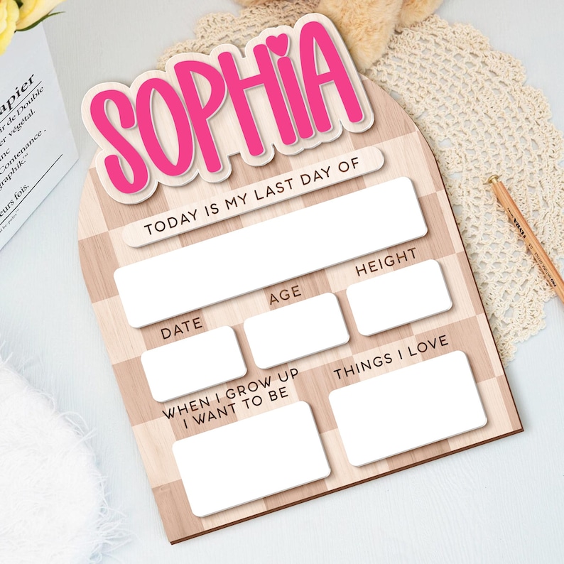 Op de afbeelding: Een houten bord met de naam "SOPHIA" in roze, boven de tekst "TODAY IS MY LAST DAY OF". Het bord heeft vakken voor "DATE", "AGE", "HEIGHT", "WHEN I GROW UP I WANT TO BE" en "THINGS I LOVE". De achtergrond heeft een dambordpatroon.