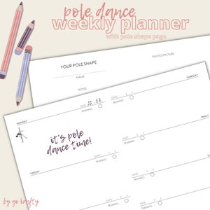 Peut inclure: Un planificateur hebdomadaire imprimable pour les danseuses de pole dance. Le planificateur comprend une page pour suivre l'entraînement de pole dance et une page séparée pour suivre l'évolution de la forme du poteau. Le planificateur a un design noir et blanc avec une couleur d'accent rose et violette. Le texte "it's pole dance time!" est présenté sur le planificateur.