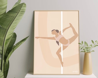 May include: A digital art print featuring a woman in a beige and white color scheme, performing a pole dance pose. The print has a minimalist style and is framed in a gold frame.