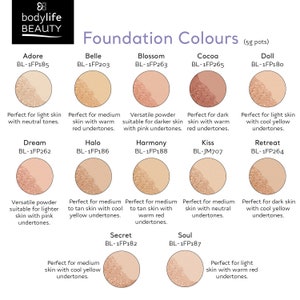 May include: A chart of foundation colours with names and descriptions for each shade. The shades are arranged in rows and columns, with the names and descriptions listed below each shade. The shades range from light to dark, with warm and cool undertones.