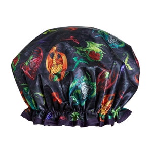 May include: A black satin shower cap with a colorful print of dragons and roses.