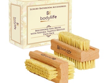 Bodylife Beechwood Nail Brush With Natural Cactus Tampico Bristles Twin Pack