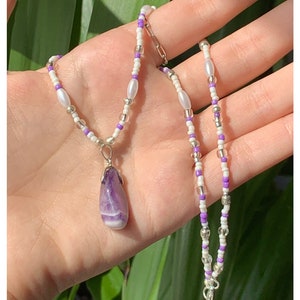 amethyst necklace, pearl necklace, handmade necklace, purple necklace, lithoteraphy, stone necklace