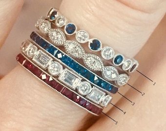 Blue Sapphire & Ruby Red Diamond Wedding Band, Round, Emerald Cut Moissanite Band, Milgrain Dot Dash  Band, 925 Silver Full Eternity Band
