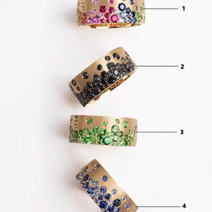Multi Color Gem Stone Band, Round Moissanite Band, Blue Sapphire Flush Set Band, 925 Silver Stacking Band, Green &Black Scattered Cigar Band