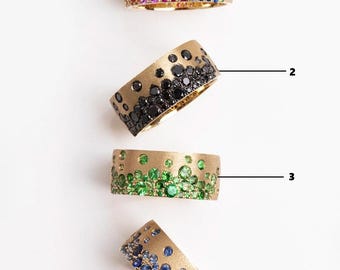 Multi Color Gem Stone Band, Round Moissanite Band, Blue Sapphire Flush Set Band, 925 Silver Stacking Band, Green &Black Scattered Cigar Band