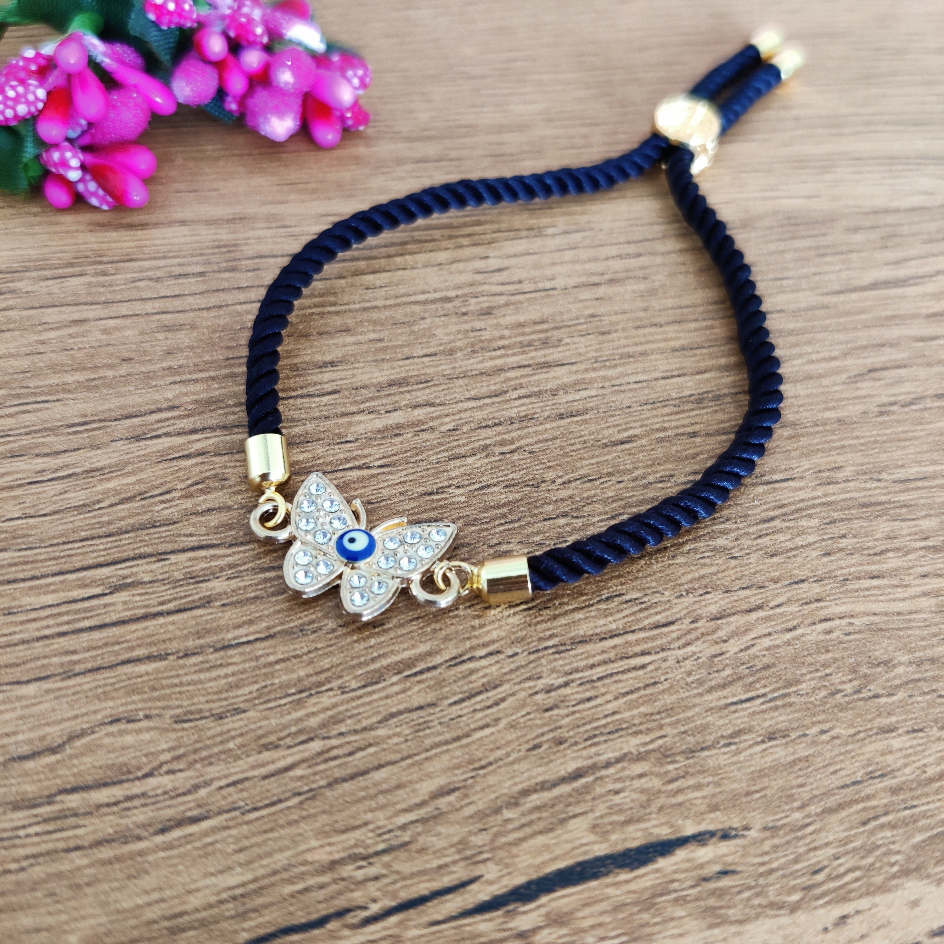 Handmade Evil Eye Rakhi, Evil Eye Bracelet, Adjustable Black String ...