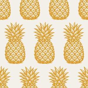 May include: A repeating pattern of stylized golden pineapples on a cream background. The pineapples are detailed with textured surfaces and spiky crowns, creating a tropical and summery aesthetic.