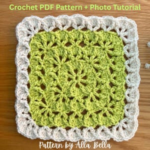 May include: A square crochet motif featuring a lime green center with a floral-inspired openwork pattern, bordered by a thick, scalloped cream-colored edge. The text Crochet PDF Pattern + Photo Tutorial and Pattern by Alla Bella is visible.