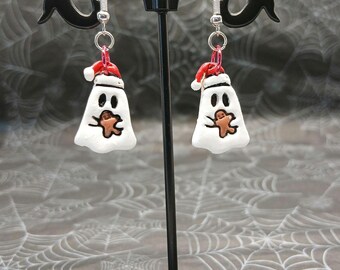 Christmas Ghost Dangle Earrings, Polymer Clay Gingerbread Earrings