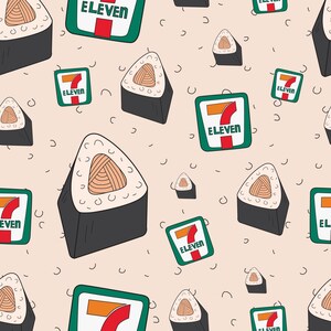 May include: A repeating pattern featuring triangular sushi pieces and 7-Eleven logos on a pale beige backdrop. The sushi has a dark outer layer and a light brown filling. The 7-Eleven logos are green with a red '7' and the word 'ELEVEN'.