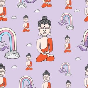 Può includere: Un motivo ripetuto di Buddha dei cartoni animati in abiti arancioni, seduti in meditazione, con arcobaleni, nuvole e fiori di loto su uno sfondo lavanda. Il design è stravagante e colorato, adatto per tessuto o carta da parati.