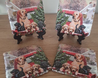 Dogs decoupaged design - Slate coasters set 4 - Christmas gift, home décor, Gift , Chrisman's, Handmade, Ornament