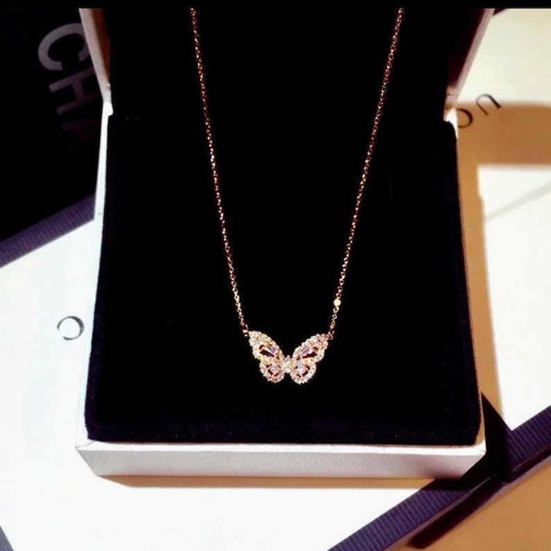 Rose GoldSilver Crystal Butterfly Pendant Necklace
