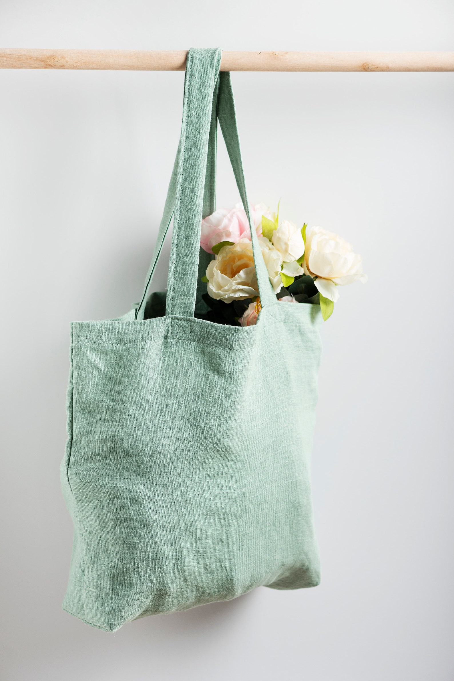 Linen shopping bag. Green linen tote bag with inside pocket. Etsy