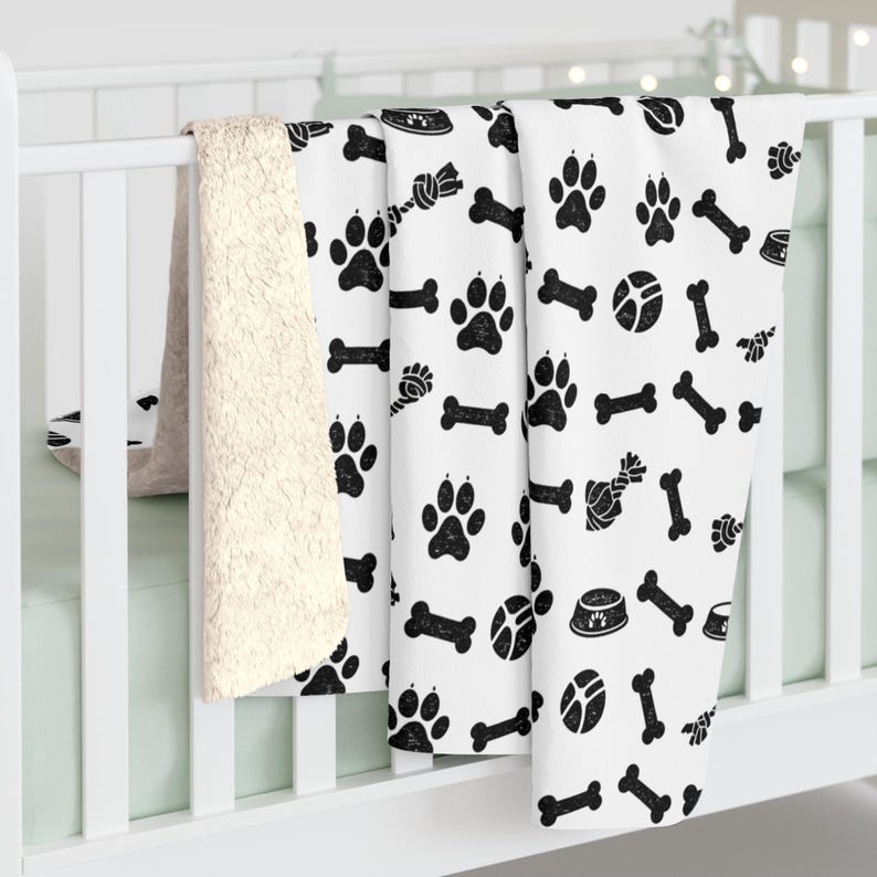 Cozy Dog Blanket, Sherpa Pet Blanket, Paw Bones Toy Print Blanket, Dog Lover Gift, Blanket for Puppy, Throw Blanket for Dog, Gotcha Day image 4