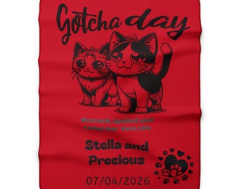 Personalized Gotcha Day Cat Illustration Sherpa Blanket | Personalized Rescue Pet Name & Date