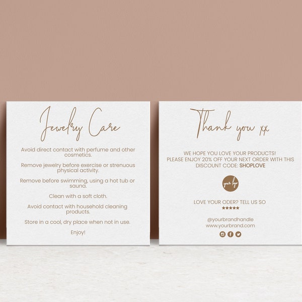 Editable Jewelry Care Card Template, Printable Square Care Guide, Modern Jewelry Care Instructions, Small Business Jewelry Care Card