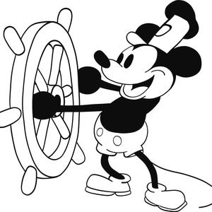 Könnte beinhalten: Schwarz-weiß-Cartoon-Illustration von Mickey Mouse mit Matrosenmütze und Steuerrad.