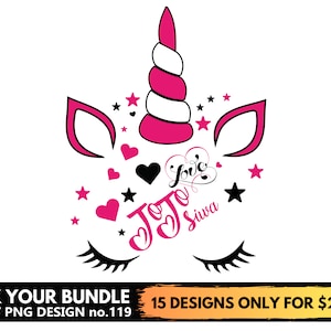 May include: A graphic of a unicorn face with a pink horn, ears, and accents. The design includes hearts, stars, and the text "Love JoJo Siwa". Below the image is the text "MIX YOUR BUNDLE SVG / PNG DESIGN no.119".
