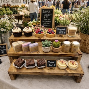 May include: A three-tiered wooden display stand holding cupcakes, berry tarts, handmade soaps, crocheted succulents, sugar scrubs, brownies, and small round cakes. Small chalkboard signs read Support Local, Handmade with Love, and Thank You.