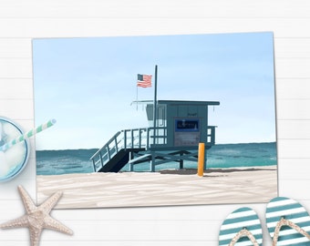 Geschenk für USA Fans, Kalifornien Poster von Baywatch Turm am Strand, hochwertiges Papier