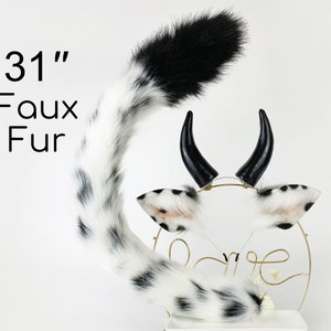 Orecchie e coda di mucca in pelliccia sintetica, set per cosplay di orecchie e code di mucca, set per giochi per animali, orecchie da animale, anime, cosplay, regalo di Natale, coda e orecchio di mucca, regalo di Halloween