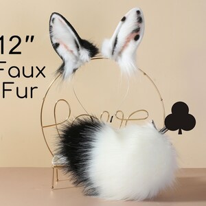 Black white bunny ear and tail set rabbit ear and tail plug set bunny cosplay tail and ear set neko ear petplay ear and tail set mature