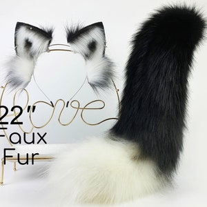 black white Faux fur fox ear and tail curved wolf tail and ear cat tail and ear kitten ear and tail set anime cosplay ear and tail petplay