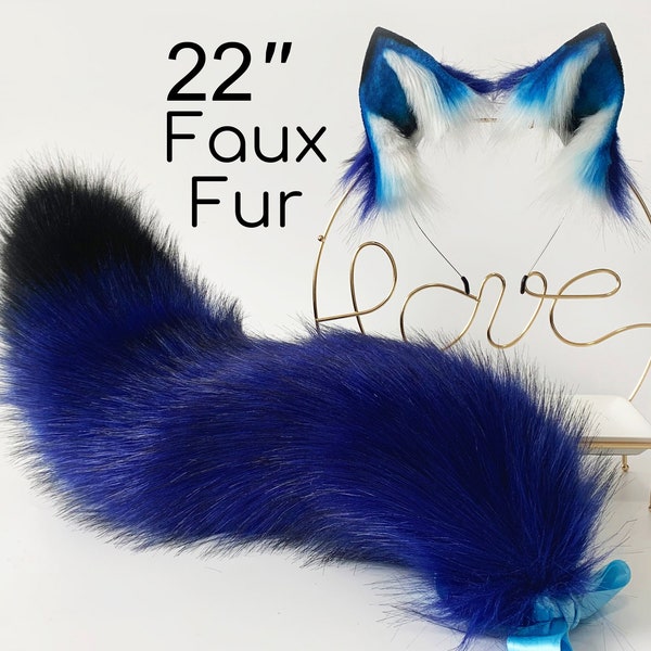 22 in Blue Black Ribbon Fox Tail Fox Ear Set Wolf Tail Wolf Ear Anime Cosplay Lolita Halloween Gift Cat Tail Cat Ear Headband Animal -Mature