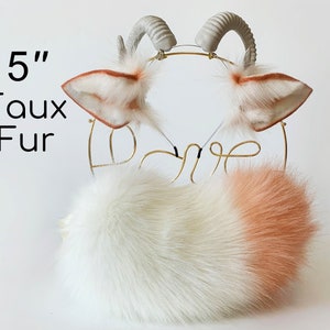 white faux fur sheep ear and tail set faux fur goat ear headband anime cosplay ear and tail animal ear and tail goat petplay ear halloween